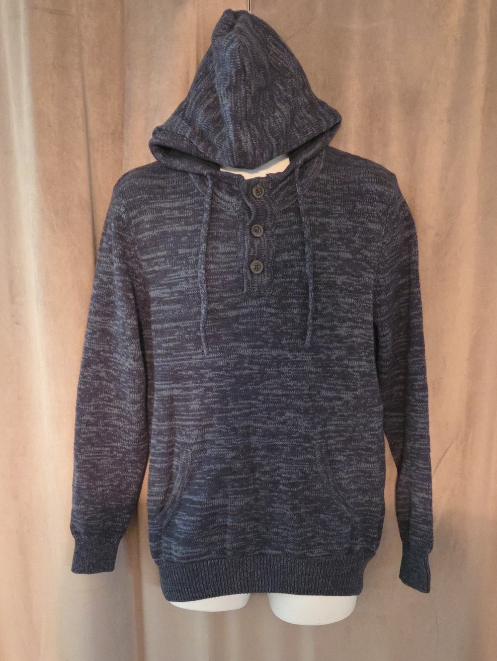 West 49 XL Men's Marled Navy Crewneck Hoodie Sweater with Button Placket